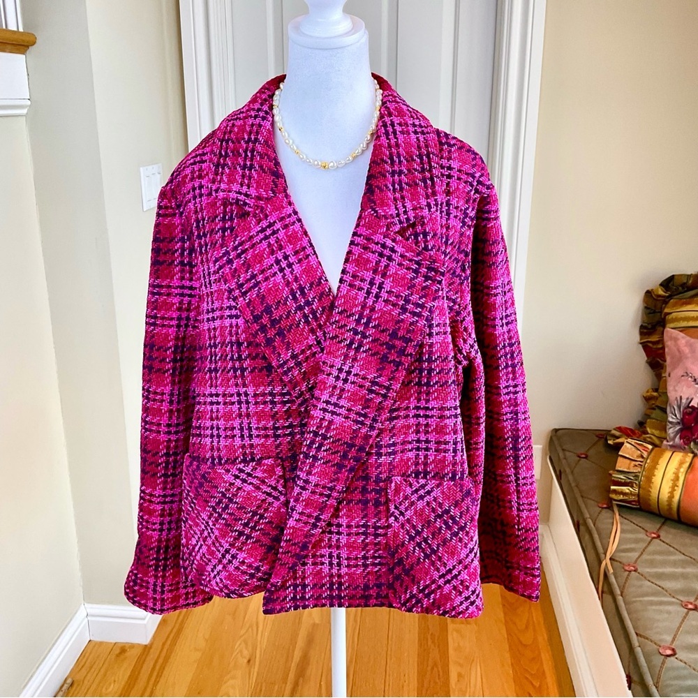 sold J. Jill Blazer Jacket Chenille Pink Multi Plaid Patch Pockets (L) NWT - Picture 1 of 8